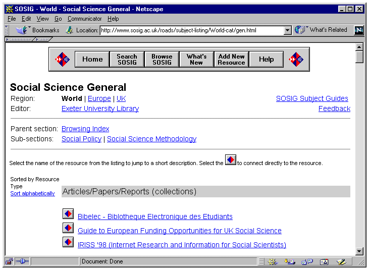 The SOSIG browsing page for the 'Social Science General' section