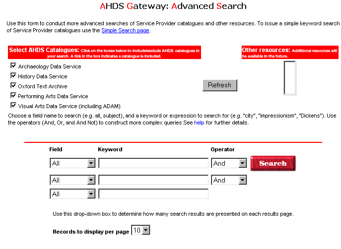 Arts and Humanities Data Service Gateway - Advanced Search