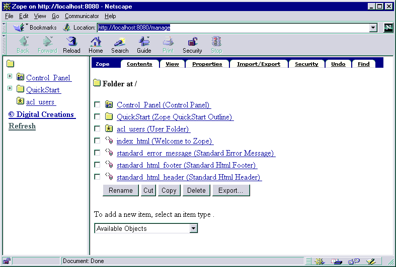 Figure 2: Zope management scree