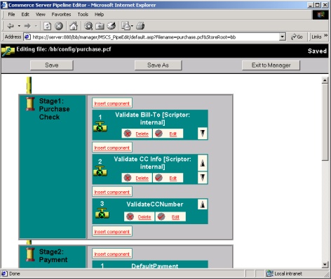 The Order Processing Pipeline Editor allows a series of scripts, COM objects and SQL statements to be executed during the ordering process