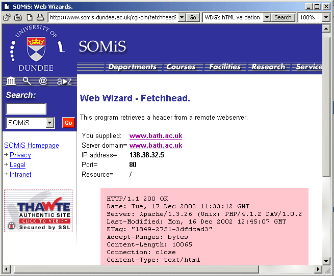 Figure 1: The University of Dundee's HTTP Header Analysis Tool