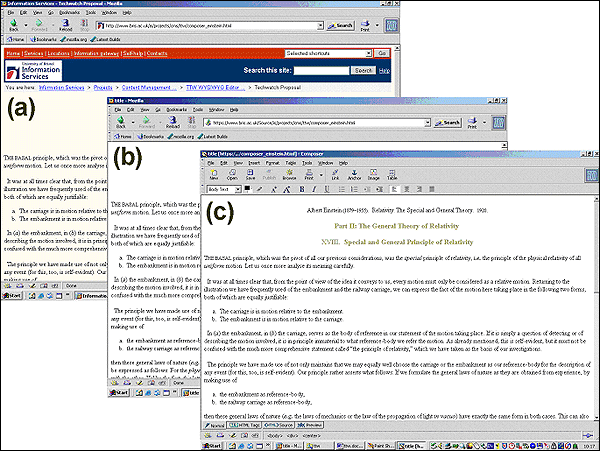 Figure 1 screenshot (84KB) : Mozilla Composer. (a) The view in the Mozilla browser showing a Page Template rendered by Zope in University of Bristol Information Services house style. (b) The user inserts '/Source' into the URL which causes Apache to re-direct the browser over an SSL connection to the unrendered WebDAV source port (the user being forced to authenticate at this point against the campus-wide Active Directory domain). (c) Ctrl+E has just been pressed - which loads the unrendered Page Template into Composer. Clicking on the Publish button commits any changes from Composer into Zope. A server-side PUT_factory can be used to perform various forms of post-edit processing.