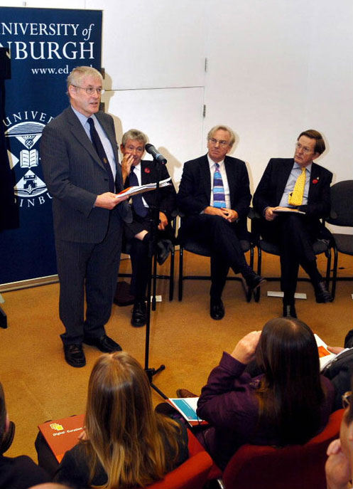 photo: (79KB) : (left to right) Professor Tony Hey, Professor Tim O'Shea, Lord Sutherland of Houndwood (representing Prince Philip) and Sir Muir Russell