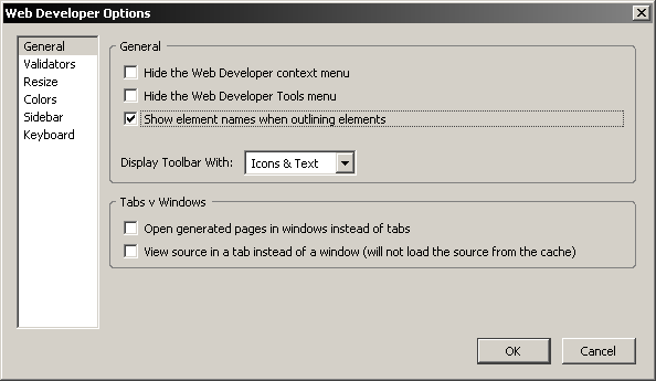 screenshot (11KB) : Figure 11: Web Developer Toolbar - Options dialogue, with the 'Show element names when outlining elements' checkbox ticked