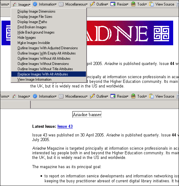 screenshot (27KB) : Figure 3: Images menu with Replace Images With Alt Attributes highlighted, and an example before/after shot of the effect