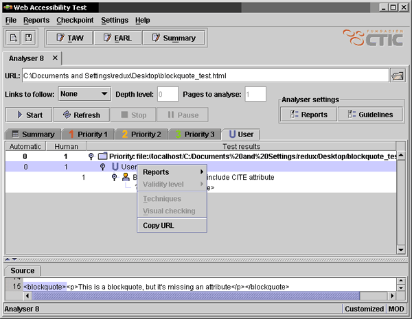 screenshot (54KB) : Figure 15: Application bug: the context menu for user-defined checkpoints does not allow you to set the validity level