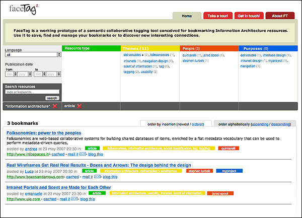 screenshot (79KB) : Figure 11 : Using FaceTag: refining and zooming in by engaging tags from different facets: 3 bookmarks in FaceTag