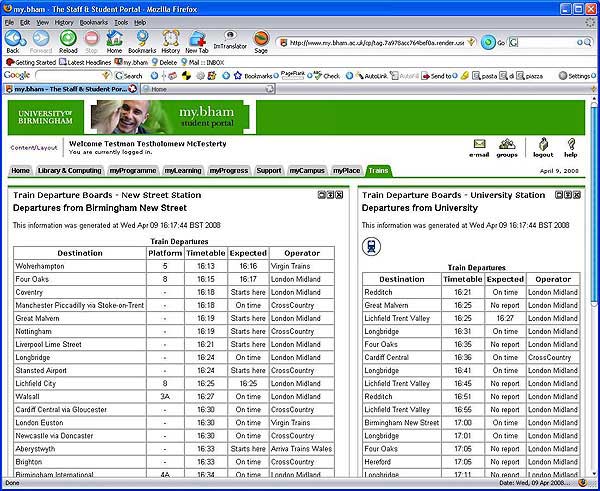 screenshot (73KB) : Figure 8 : Train departure information within the University of Birmingham portal