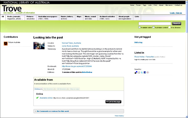 screenshot (59KB) : Figure 2 : Trove: Looking into the past. Example of contribution to images of Australia