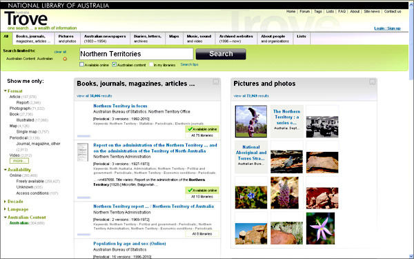 screenshot (95KB) : Figure 3: Trove: Results for the search term Northern Territories