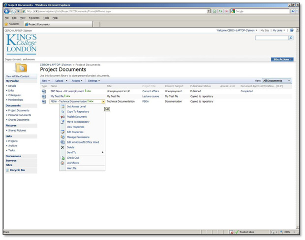 Figure 1: SharePoint screen showing a pop-up menu with options for depositing item to repository