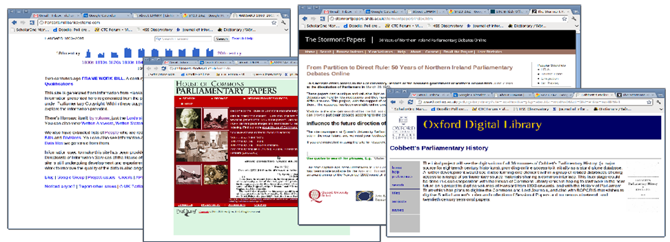 Figure 1: Four major collections of Parliamentary proceedings, each using a different interface