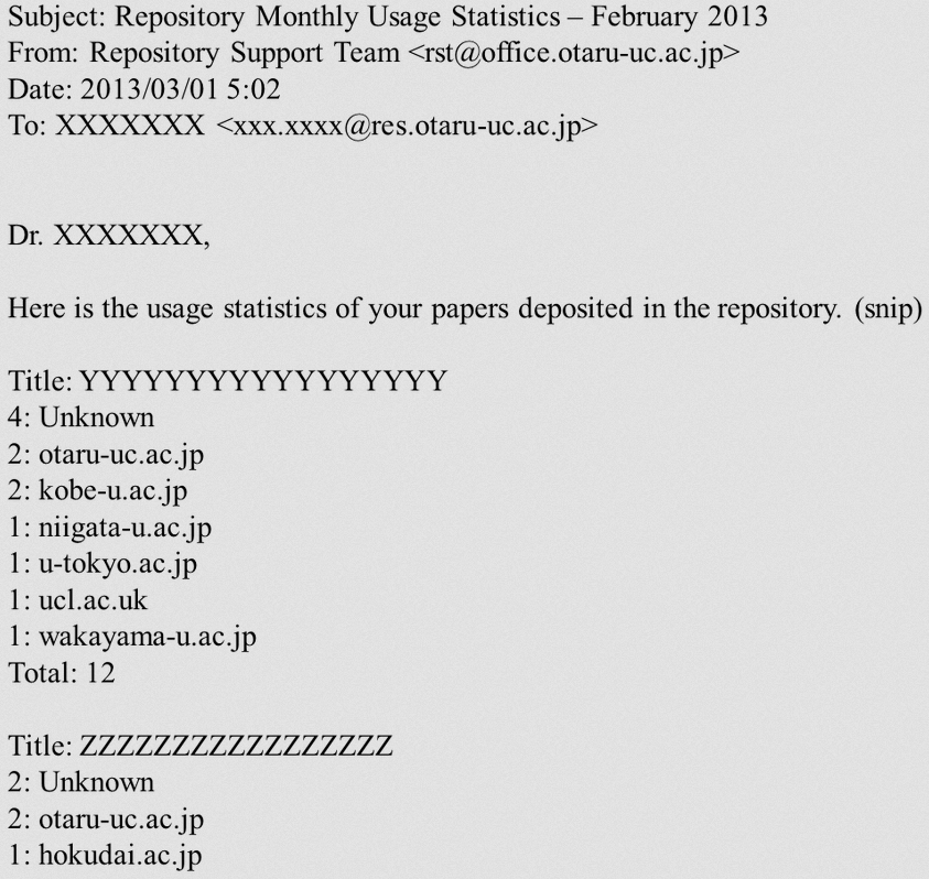 Figure 5: Monthly usage report by email (an example from Otaru University of Commerce originally in Japanese)